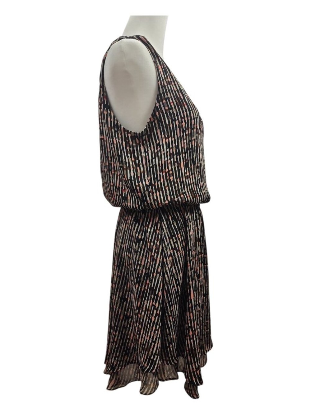 Boho Chic Geometric Print Blouson Dress Studded V-Neck Retro Mod Sz 6 - Picture 6 of 12